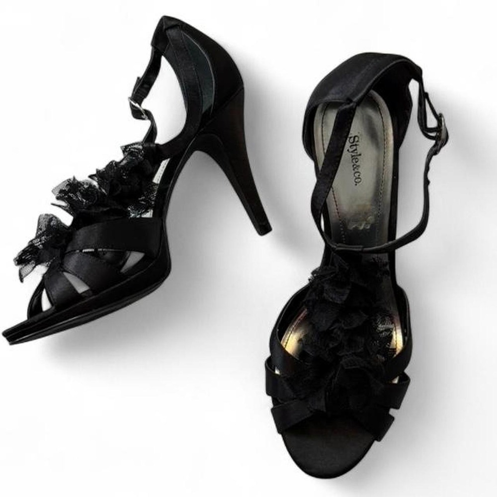 Style & Co. "Sydney" Black Satin T Strap Heels Ruffled Lace Trim, Women's Sz 8.5